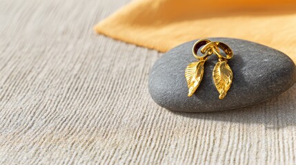 Golden Leaf Earrings on Smooth Stone: Elegant Jewelry Still Life with Yellow Fabric, Luxury Fashion Accessory, Artistic Composition