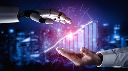 A stunning representation of the synergy between humans and robots, showcasing a human hand reaching out to a robotic arm against a backdrop of data visualization. Impute