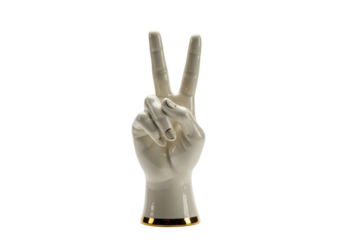 Ceramic hand sculpture making a peace sign isolated on transparent background, decorative object for interior design and home decor