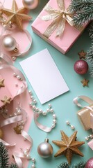 Elegant Christmas Mockup with Pink and Gold Presents, Ornaments, Pearls, and Blank Card on Pastel Blue and Pink Background for Holiday Greetings