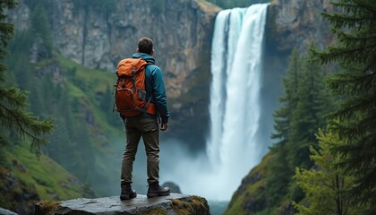 Obraz premium Man with orange backpack stands on rock ledge. Admiring large waterfall cascading down cliff face surrounded by green conifer forest. He is on a hike in nature, exploring outdoors.