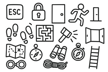 Fototapeta premium Escape Toolkit Icons. Hand-drawn doodle illustration escape key, lock, door, running person, footprints, maze, flashlight, map, compass, stopwatch, handcuffs,