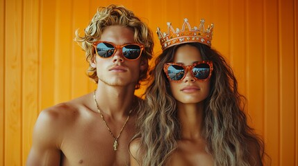 Stylish Couple Wearing Sunglasses and a Crown Against a Vibrant Orange Background, Summer Fashion and Beach Lifestyle Concept