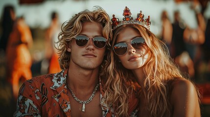 Stylish Young Couple Posing at Outdoor Festival with Sunglasses and Crown, Summer Fashion and Youthful Celebration.