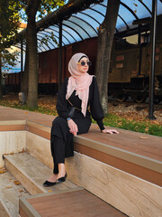 A young fashionable Muslim woman in hijab sitting at the city bench.