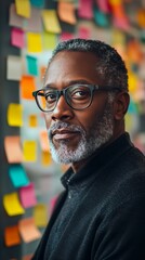 Portrait of Mature African American Man with Glasses Standing Before Colorful Sticky Notes Brainstorming Ideas