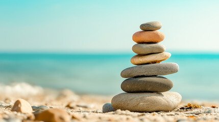 Fototapeta premium Stack of balanced stones on beach calm meditation
