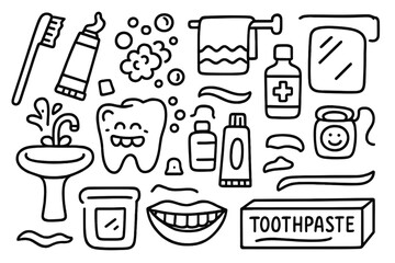 Brushing Teeth Doodle. Hand-drawn doodle illustration brushing teeth routine toothbrush, toothpaste tube, toothpaste cap, teeth, bubbles, sink, towel, mirror,