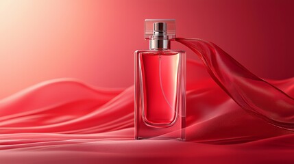 Elegant Red Perfume Bottle with Flowing Fabric, Luxury Fragrance Product Presentation, Modern Design, Beauty and Cosmetics Still Life