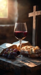 Still Life of Communion Elements: Wine, Bread, Grapes, and Bible with Wooden Cross Symbolizing Christian Faith and Religious Observance
