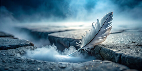 A delicate white feather lies on a cracked stone surface surrounded by swirling mist in a mysterious and enchanting atmosphere during twilight hours