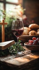 Communion Still Life: Red Wine in Glass, Grapes, Bread, Bible, and Wooden Cross on Rustic Table, Symbolizing Faith and Remembrance
