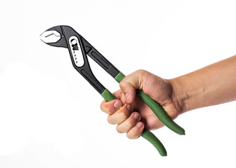 Hand holding a pair of adjustable pliers in a firm grip ready for repair work, isolate. White background