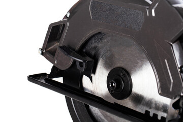 A powerful electric hand-held circular saw isolated on a white background, close-up. Woodworking tool. Copy space for text