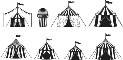 Circus tent silhouette collection, vintage carnival pavilion icons, striped fairground marquee designs, black and white festival illustration set