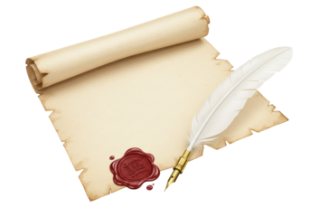 Antique parchment scroll with wax seal and quill pen isolated on transparent background, vintage paper for writing and calligraphy PNG