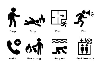 Fire Safety Icons. Solid, filled icon set of fire safety instructions: stop, drop and roll, fire exit plan, fire drill, call emergency, use extinguisher, stay