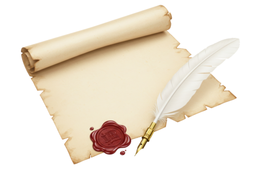 Antique parchment scroll with wax seal and quill pen isolated on transparent background, vintage paper for writing and calligraphy PNG - Powered by Adobe
