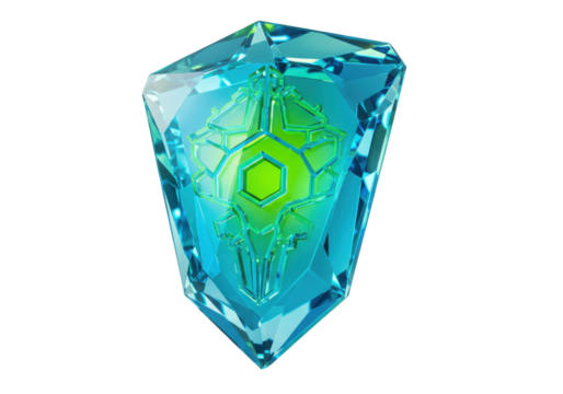 Blue and green crystal shield isolated on transparent background, fantasy game asset for graphic design and digital art