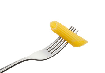 Penne pasta on a fork isolated, yellow Italian pasta tube shape on a silver fork, food photography for culinary and gastronomy concepts