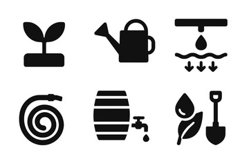 Hydro Gardening Icons. Solid, filled icon set of hydro gardening: plant sprout, watering can, soil moisture, drip irrigation, garden hose, rain barrel, leaf