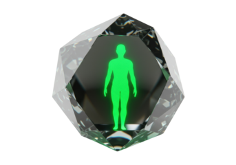 Green human figure inside a crystal isolated on transparent background, futuristic technology concept for design and digital art