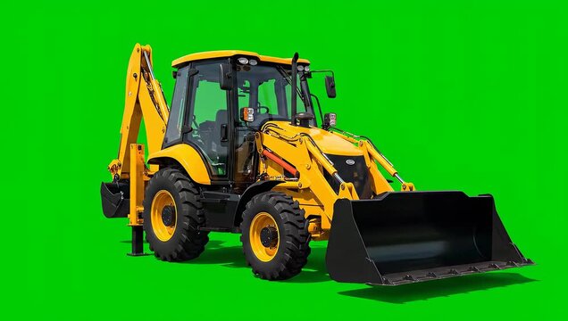 Yellow Backhoe Loader Construction Vehicle on Green Screen Background.