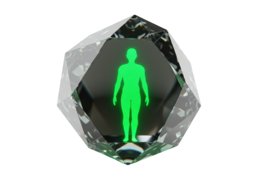 Green human figure inside a crystal isolated on transparent background, futuristic technology concept for design and digital art