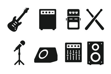 Rock Equipment Icons. Solid, filled icon set of rock music equipment: electric guitar, bass amp, guitar pedal, drumsticks, microphone stand, stage monitor,