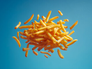 Flying french fries on bright blue background. Fast food concept in motion.