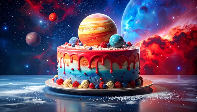 Colorful space cake with planets