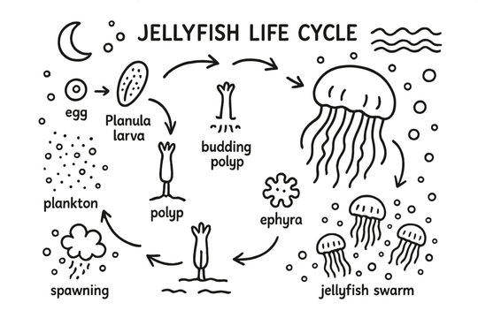 Jellyfish Life Cycle Doodles. Jellyfish life cycle. Hand-drawn doodle illustration jellyfish life cycle egg, planula larva, polyp, budding polyp, ephyra,
