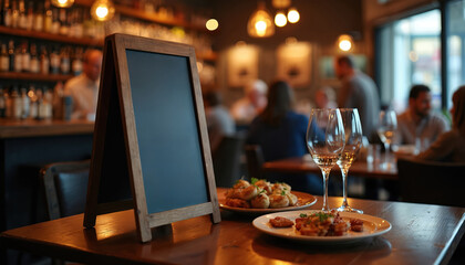 Empty blackboard menus on table with wine glasses and appetizers in restaurant interior. Soft focus background shows diners and bar. Cozy warm lighting.
