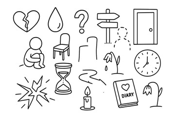 Emotional Uncertainty Doodles. Hand-drawn doodle illustration emotional uncertainty after loss broken heart, teardrop, fading shadow, empty chair, hourglass,