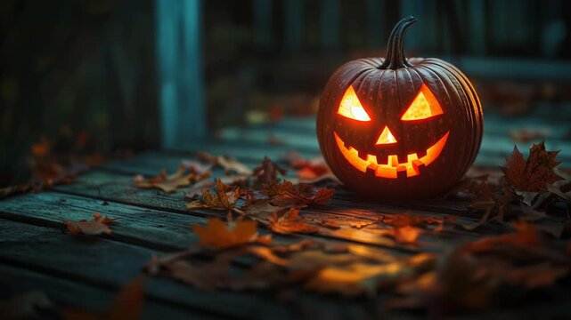 A glowing Jack-o'-lantern with a spooky carved face on a rustic porch surrounded by autumn leaves. Halloween