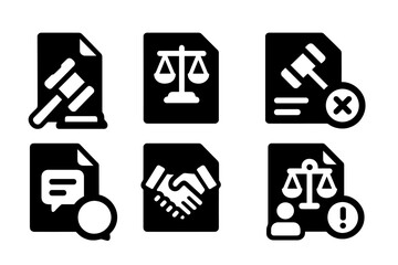 Legal Icons Grid. Solid, filled icon set of legal action: lawsuit, court order, summons, injunction, complaint, settlement, legal notice, arbitration. [Solid,