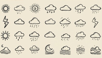Collection of weather icons in line art style. Various cloud types, sun, moon, lightning, rain, snow, wind symbols. Black, white illustrations on beige background. Weather forecast, climate related