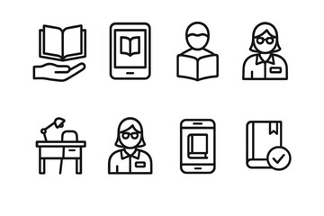 Library Services Icons. Outline icon set of library services: book lending, e-book, reading room, study desk, librarian, library app, book return, reservation.