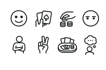 Poker Bluff Icons. Outline icon set of poker bluff tactics: fake smile, hidden cards, chip stacking, eye contact, folded arms, hand signal, poker table,