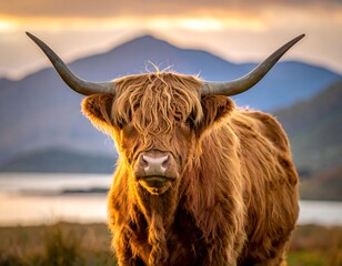 Highland cow in golden light
