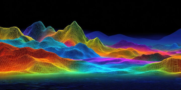 A vibrant, wireframe landscape rendered with a rainbow gradient against a black sky