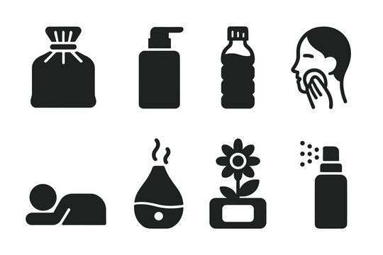Windburn Relief Icons. Solid, filled icon set of windburn symptoms relief: cold pack, soothing lotion, hydration, gentle cleansing, rest, humidifier, chamomile