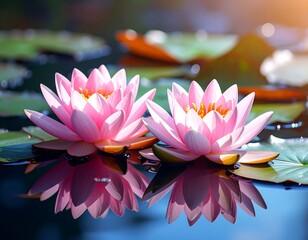 Pink Lotus Flowers in a Pond.