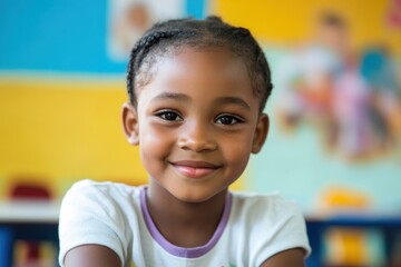 Young girl smiles warmly in a bright, colorful classroom during a learning session