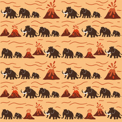 Vector seamless pattern with mammoths, baby mammoths and erupting volcanoes on yellow background. Prehistoric style design for textile and decor.