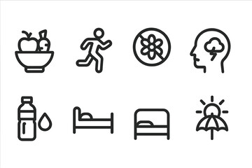Anti-Inflammatory Icons. Solid, filled icon set of anti-inflammatory prevention: balanced diet, regular exercise, avoiding allergens, stress management,