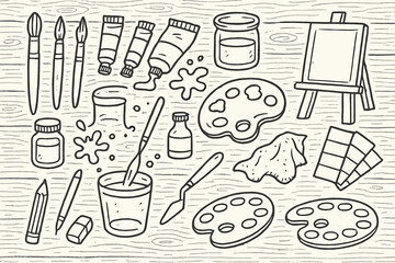 Art Tools Doodle. Hand-drawn doodle illustration Painting tools on wood surface paintbrushes, paint tubes, palette, water cup, wooden table grain, rag cloth,