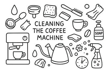 Coffee Machine Cleaning. Hand-drawn doodle illustration Cleaning the coffee machine coffee machine, portafilter, water droplet, sponge, brush, cloth, soap