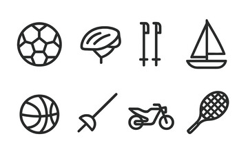 Italian and Spanish Icons. Outline icon set of Italian sports: football ball, cycling helmet, ski poles, sailing boat, basketball, fencing sword, motorbike,