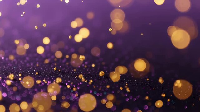 Abstract purple and gold glitter falling in slow motion. Shimmering bokeh lights on a dark festive background. Xmas sale or award intro concept